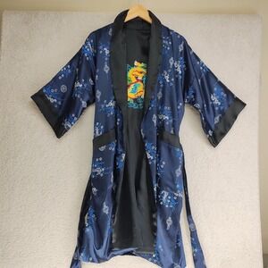 Kimono Robe Womens M Navy Dragon Embroidered Satin Wrap Belted Lounge Housecoat